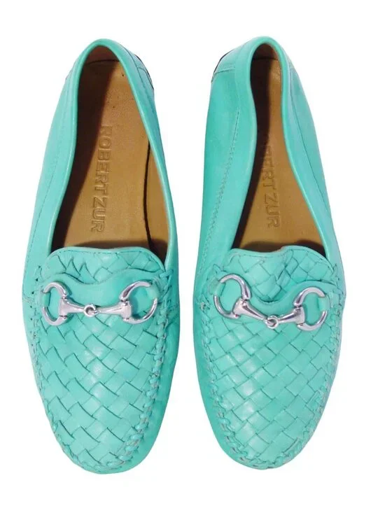 ROBERT ZUR Perlata $325 Aqua True Glove Leather Intrecciato Driving Loafers 7.5 - Picture 1 of 8